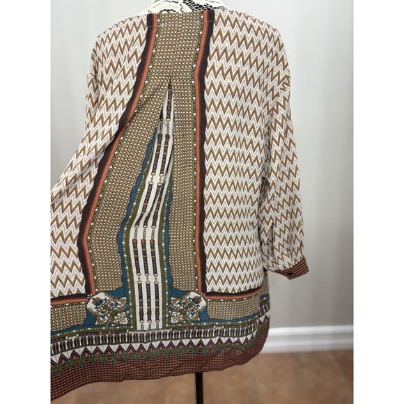 Rose & Olive Popover Blouse Top 1X V Neck Sheer Aztec Brown Teal Bohemian - Picture 4 of 14